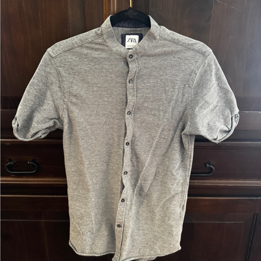 Zara Gray Casual Button Down Shirt with Mandarin Collar
